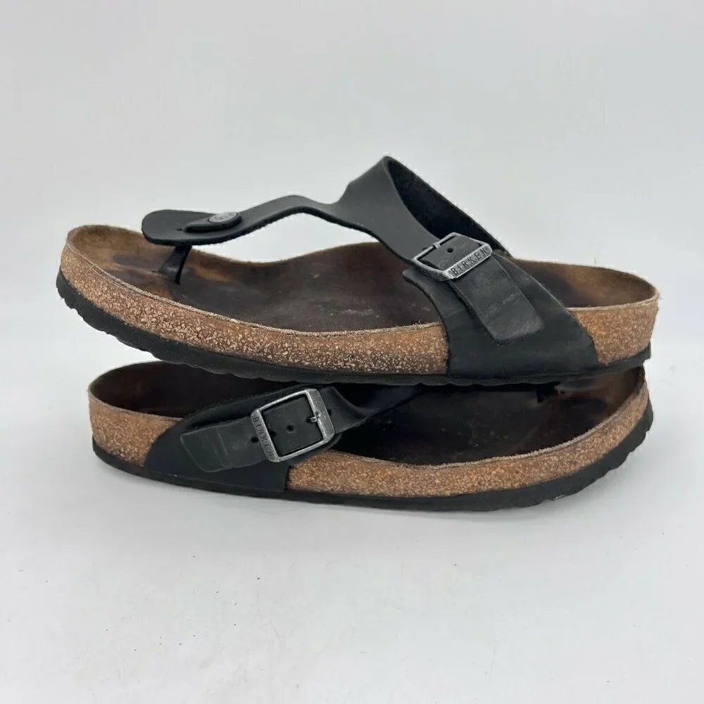 Birkenstock Gizeh Women Size 40 Black Birko-Flor T Strap Thong Leather Sandal